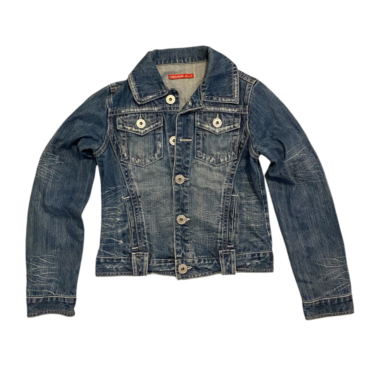 Vintage Y2K ‘checkers’ dark blue denim wash jacket with multiple pocket holes. Size 8