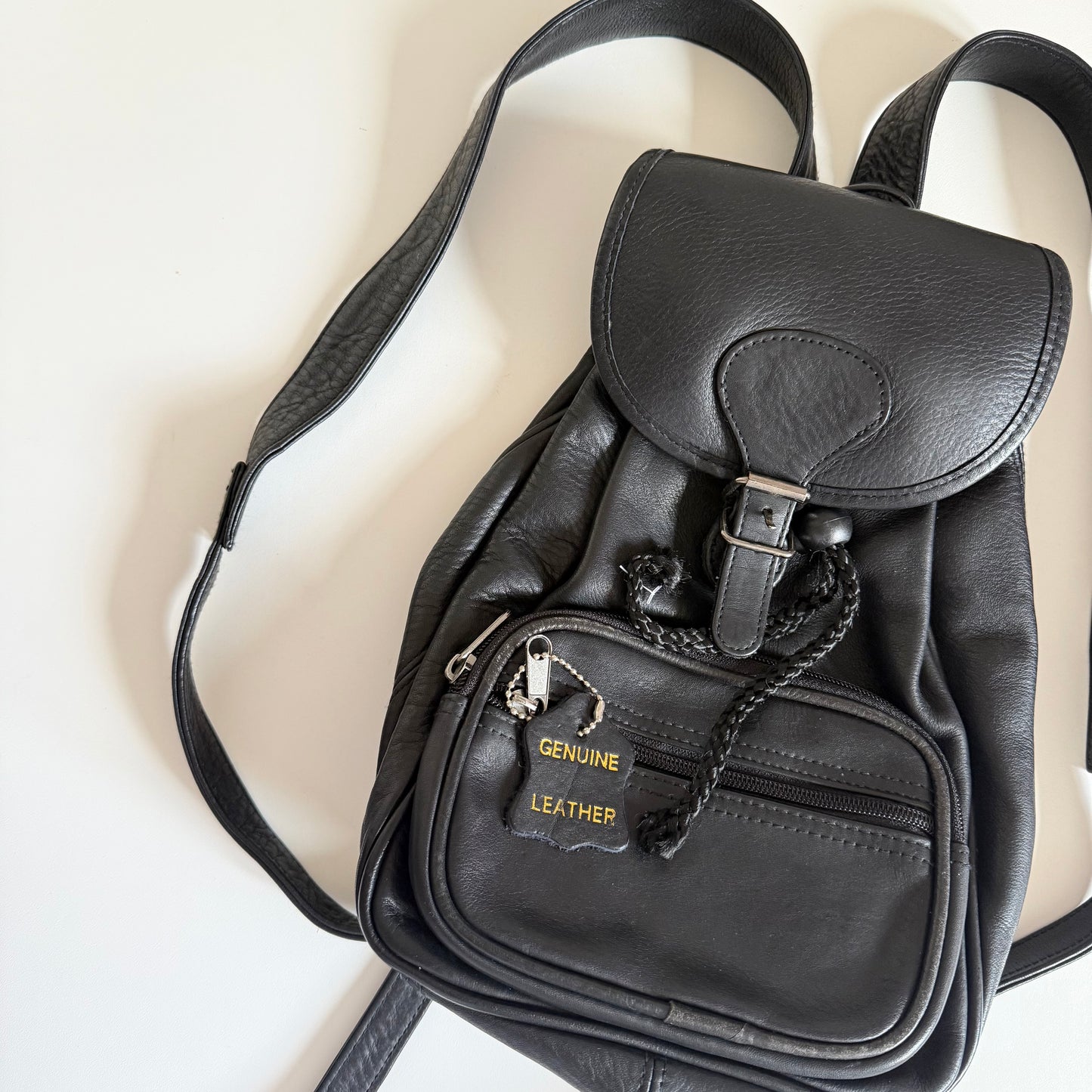 Vintage Black leather backpack with adjustable straps