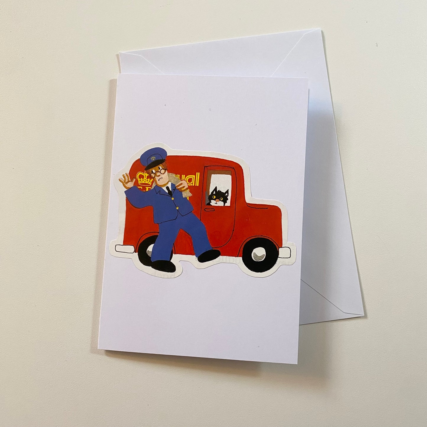 Recycled & homemade vintage card - postman Pat