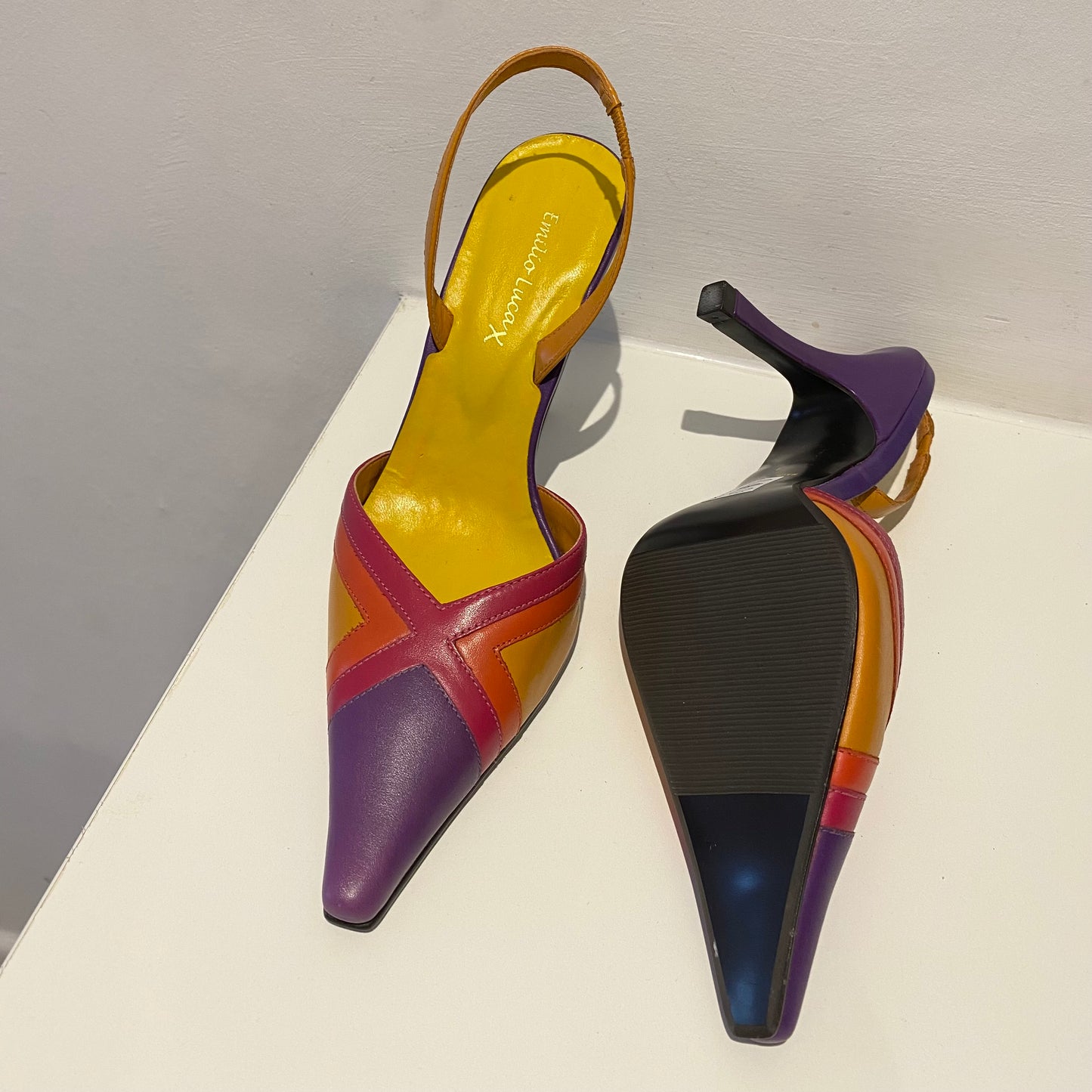 rare bright & vibrant pointed strappy heels ~ purple pink/orange SIZE3