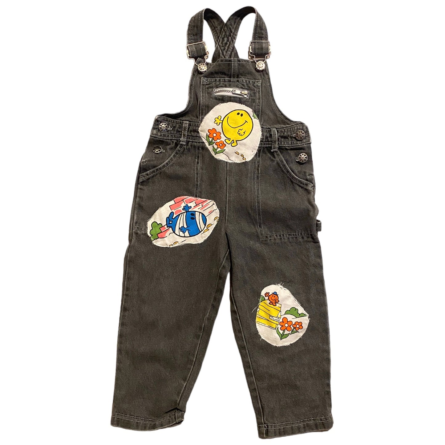 Upcycled dungarees with vintage 1970s mr men patches. Age 2-3 years