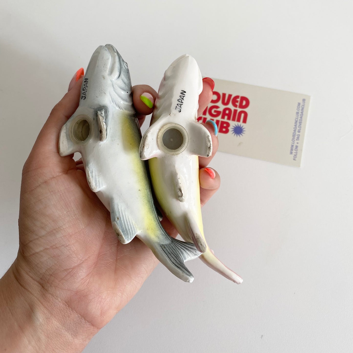 Vintage ceramic japanese fish salt and pepper shakers. Condition as shown few small chips.