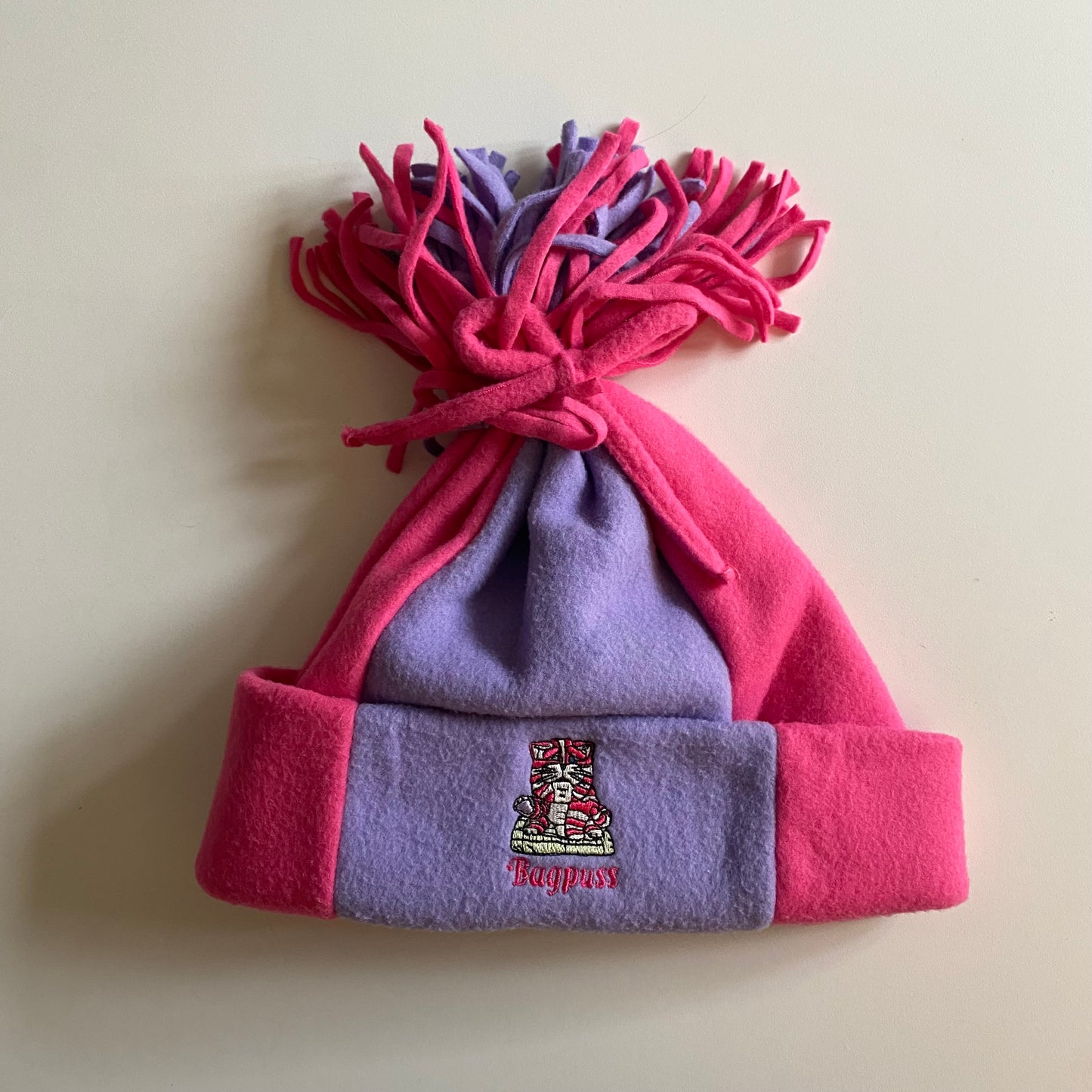 Vintage Bagpuss purple & pink fleece hat. Size 4-6 years