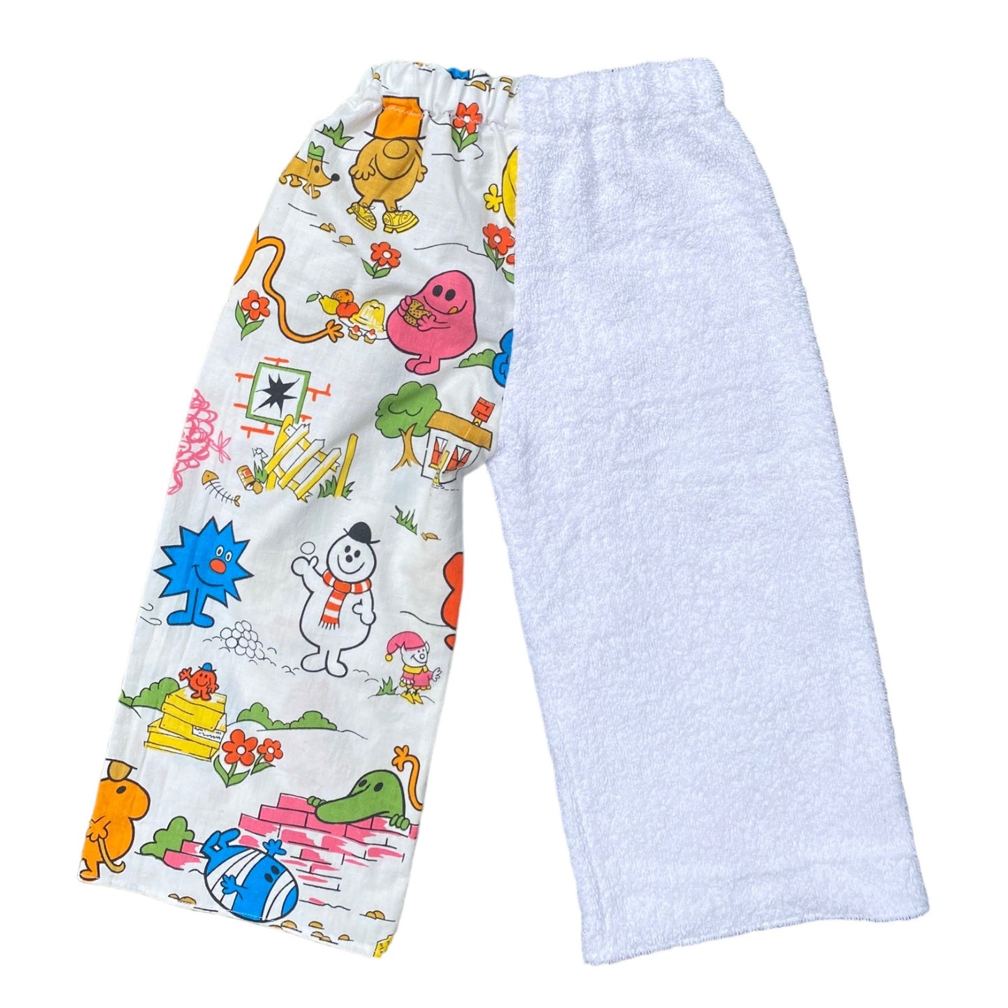 Handmade half n half’ LOVED AGAIN mr men 70s fabric printed trousers/ culottes. Size 4-5 years approx
