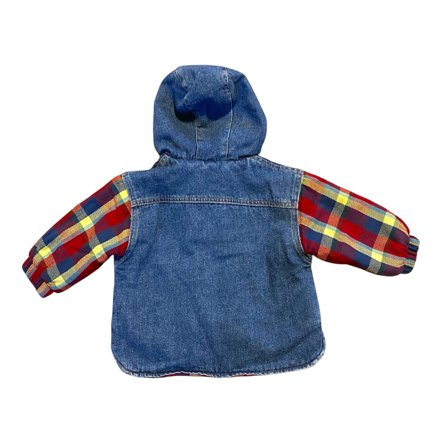 Vintage mothercare denim jacket with flannel sleeves. Size 6-12 months