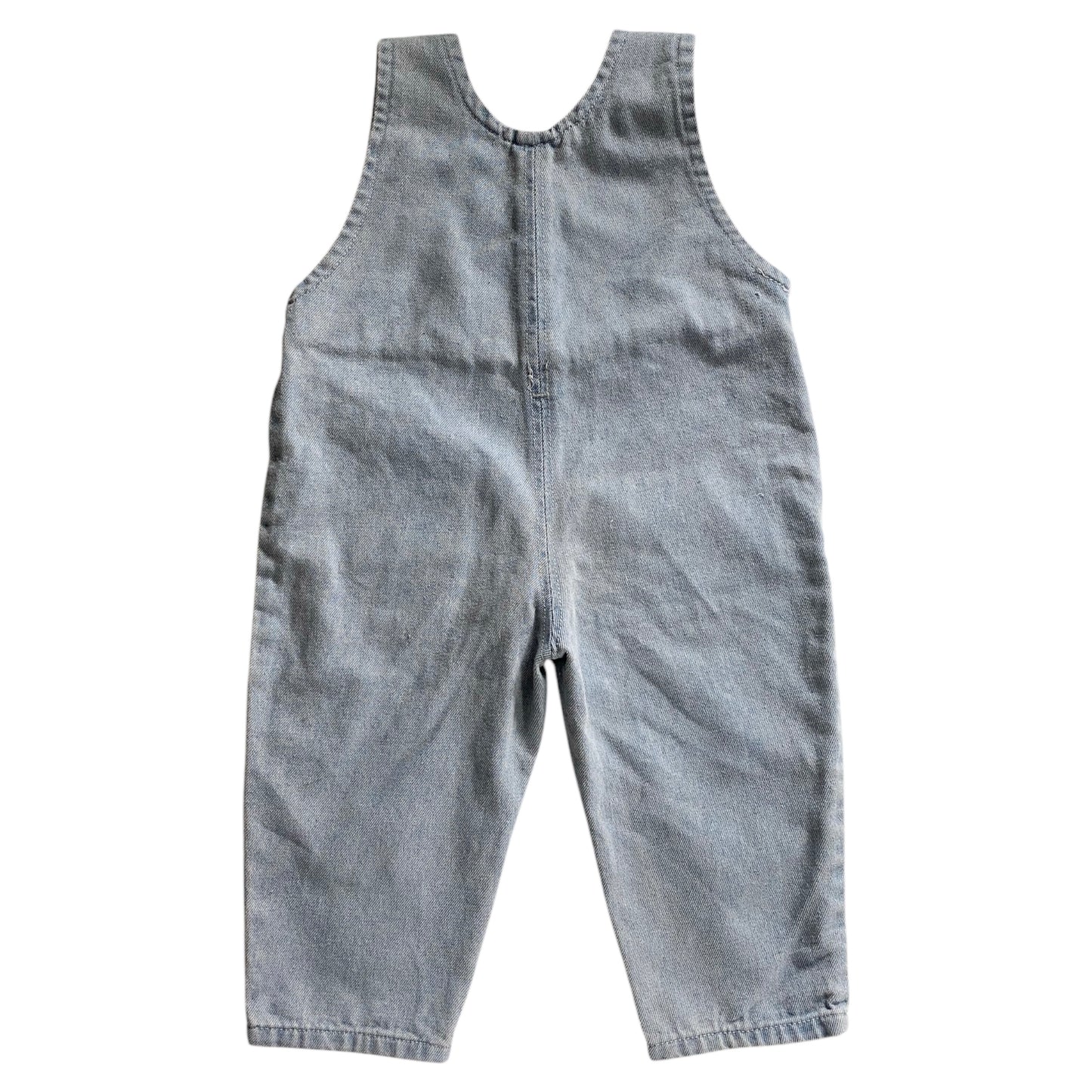 Light blue denim overall romper. Size 18-24 months