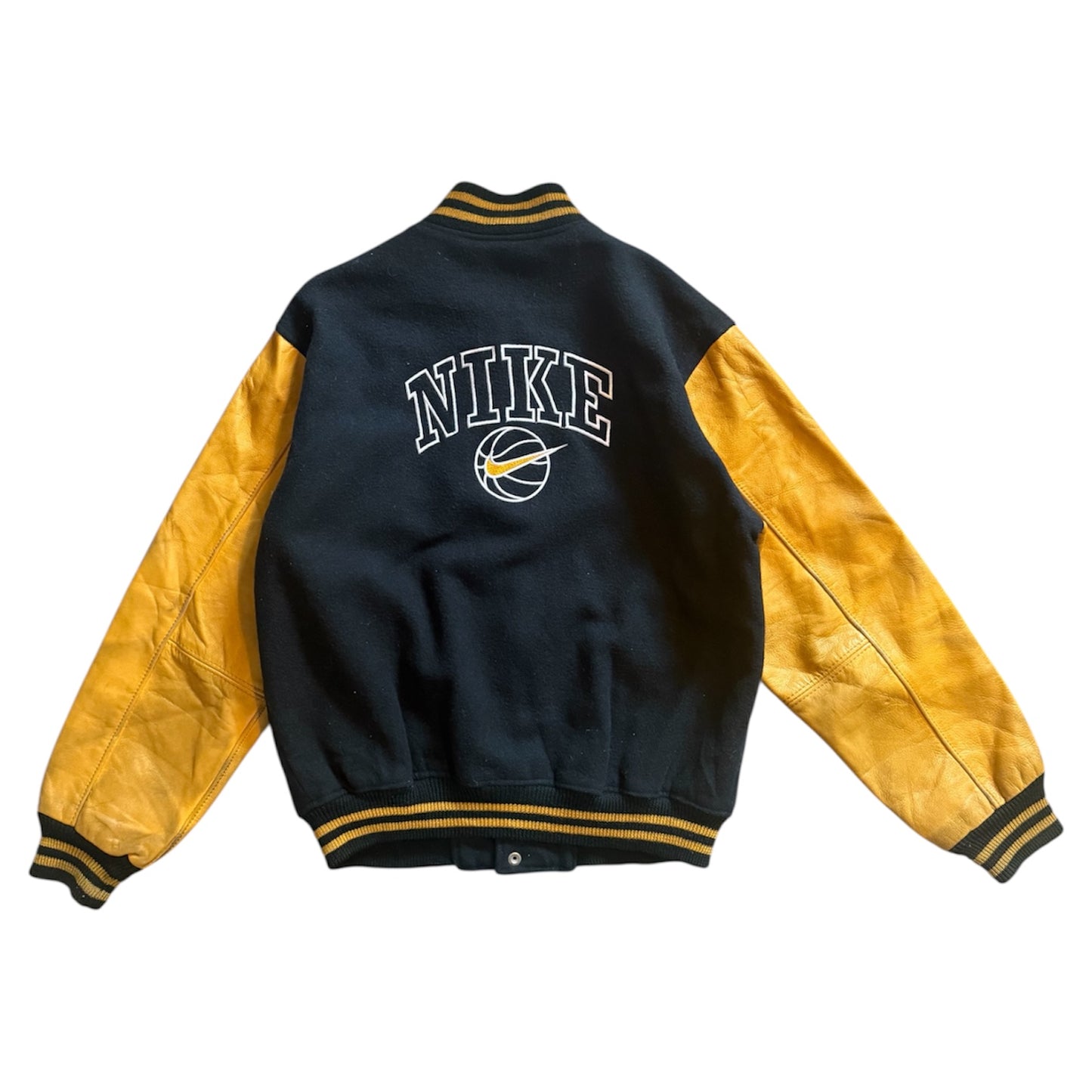 Vintage Nike mustard & green varsity jacket . Wool body leather sleeves. Size XL ( imo vintage size 10)