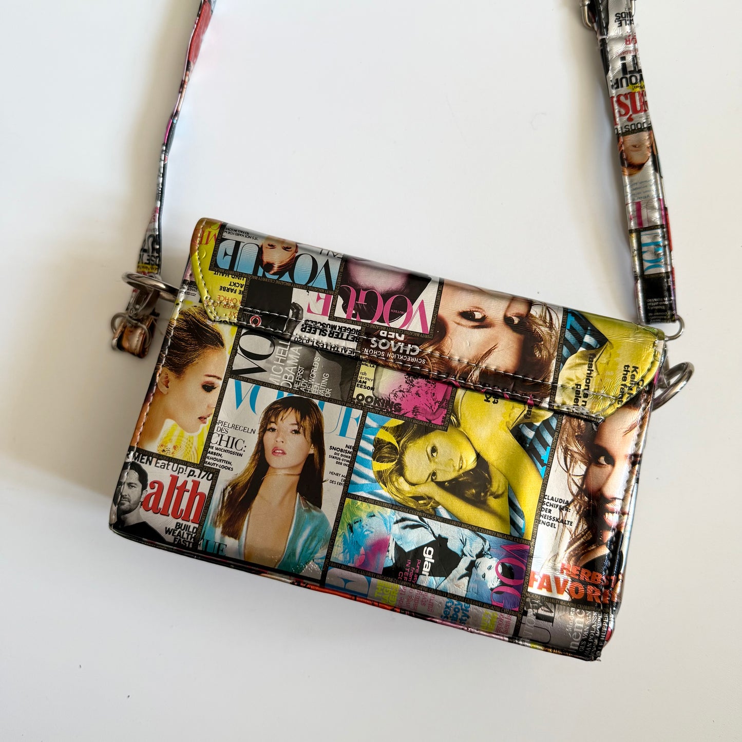 Vintage recycled vogue printed magazine bag.