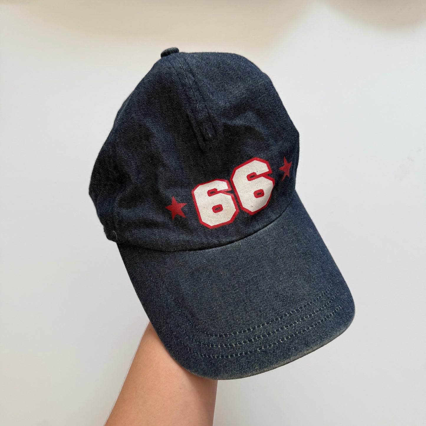 Vintage blue & red denim number cap.
