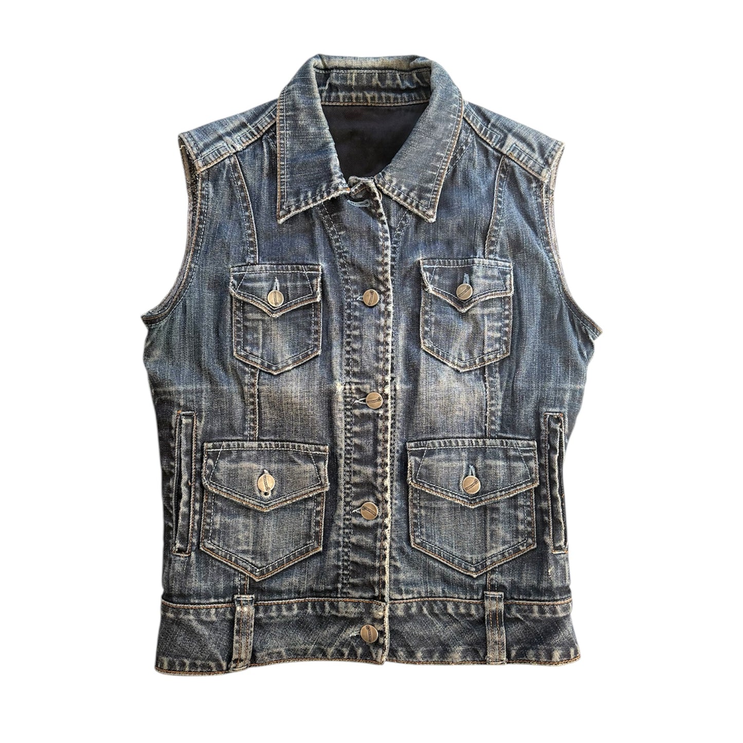 Vintage Dark denim ‘cimmaron’ sleeveless denim jacket. Size 8-10
