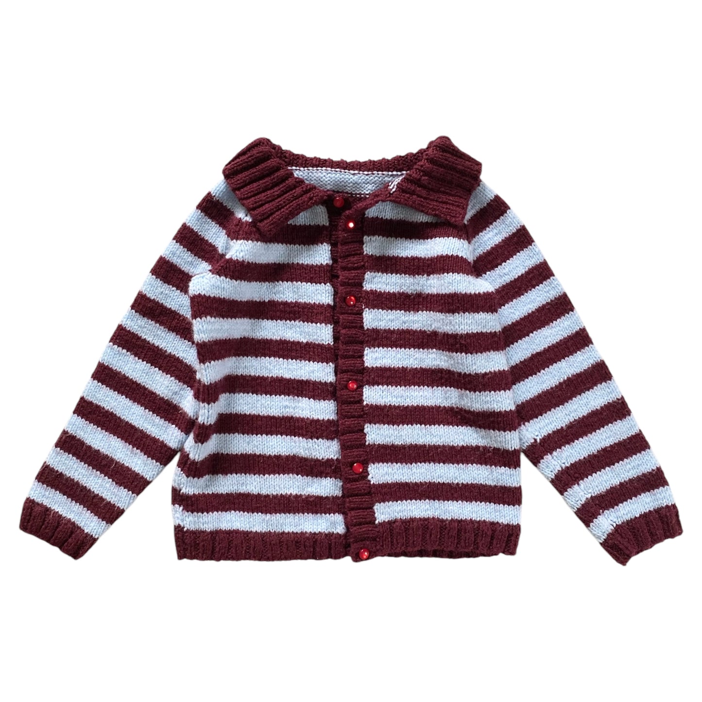 Vintage knitted blue & burgandy striped cardigan. Size approx 4-5 years