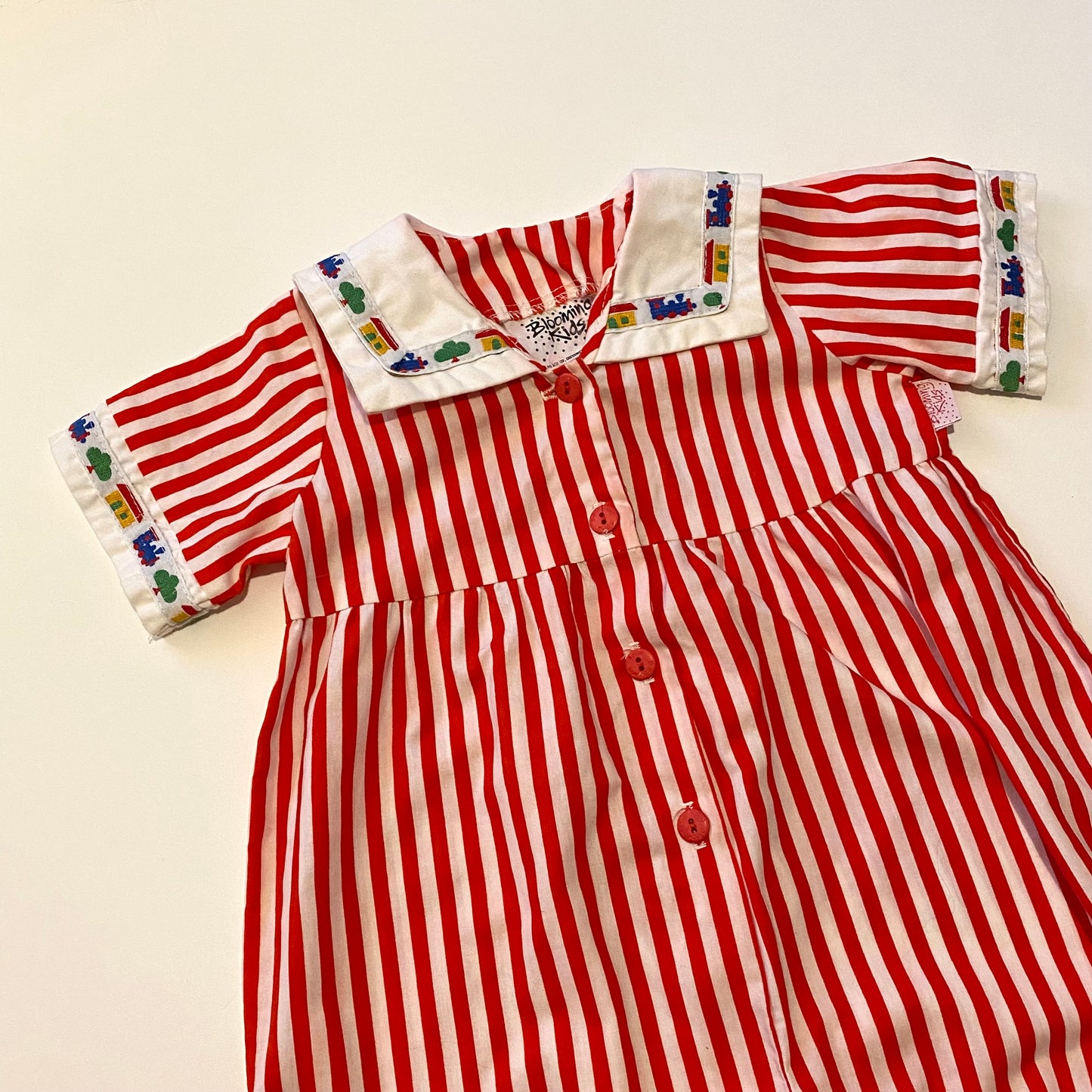 Vintage blooming kids red striped romper. Size 12 months