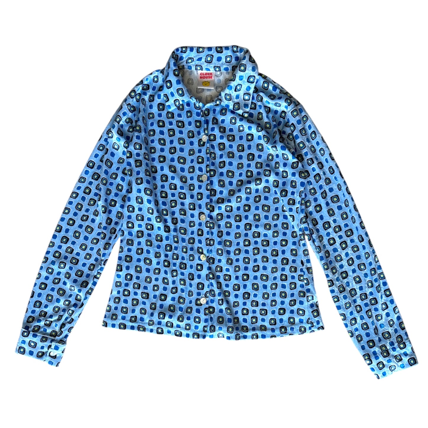 Vintage 1980s velour clock house square print design shirt. Size 8-10