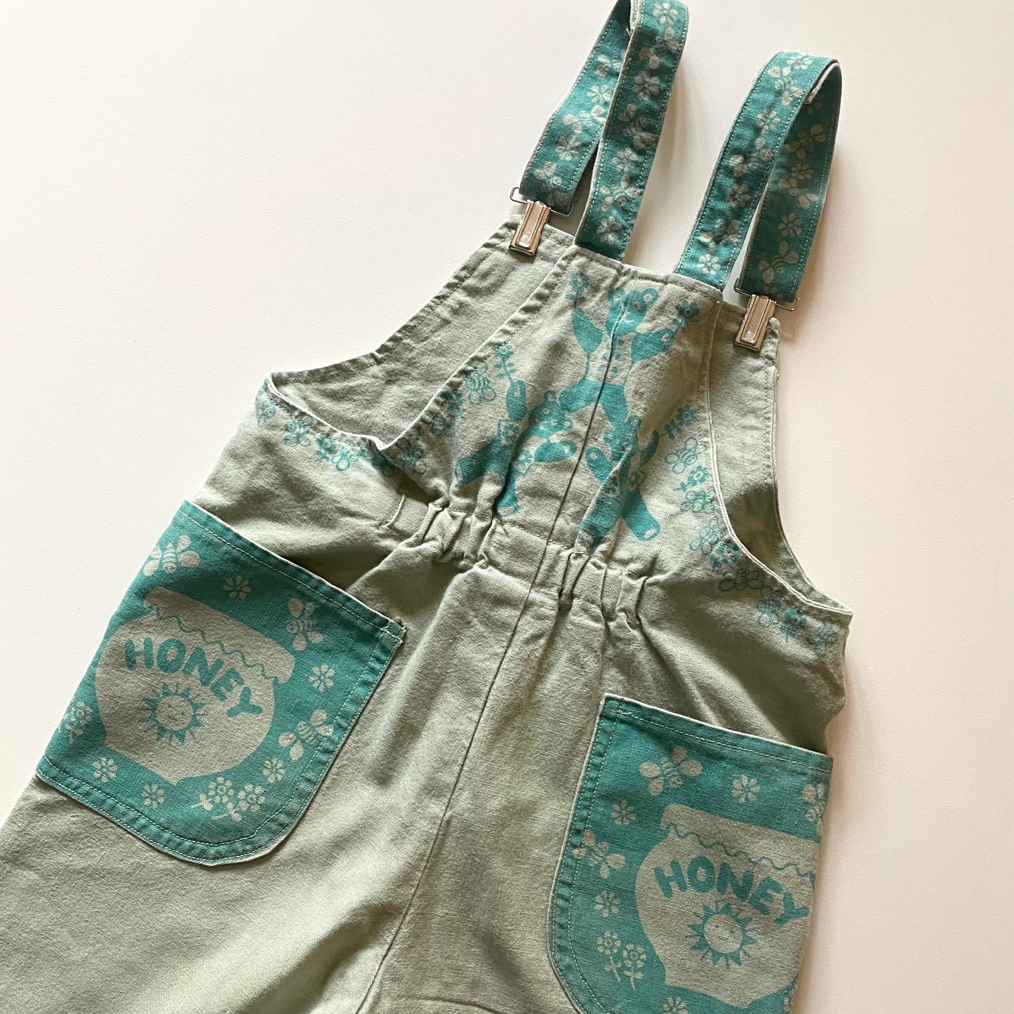 Vintage teddy bear linen/ cotton blend dungarees - approx age 2 years