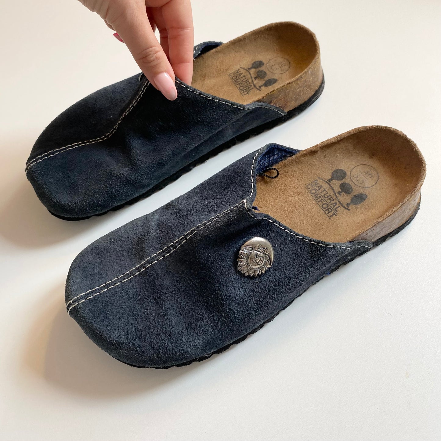 Dark grey vintage clog slide on mules. Sun detailing. Size 3.