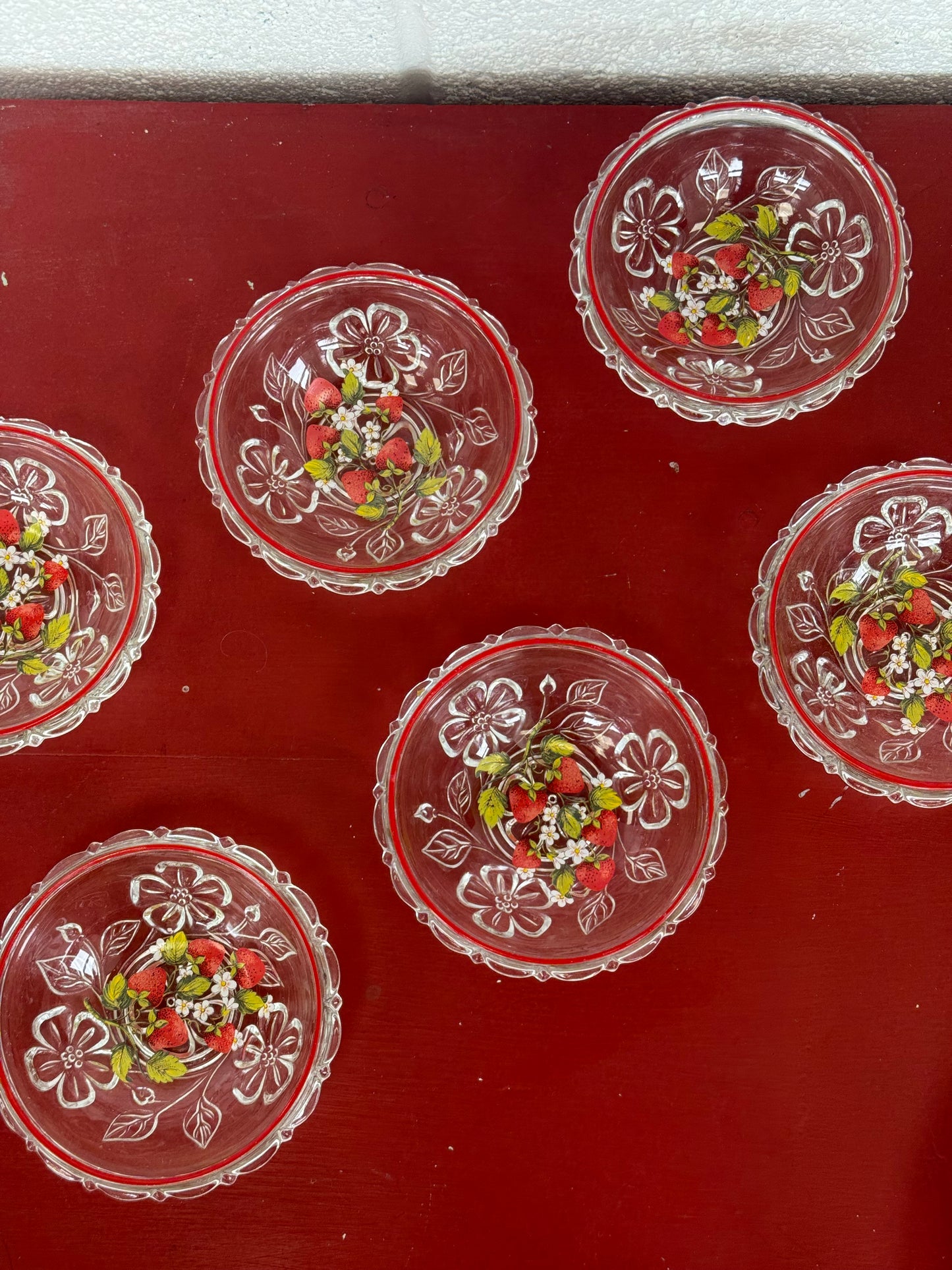 Vintage glass dessert dishes with a floral strawberry print