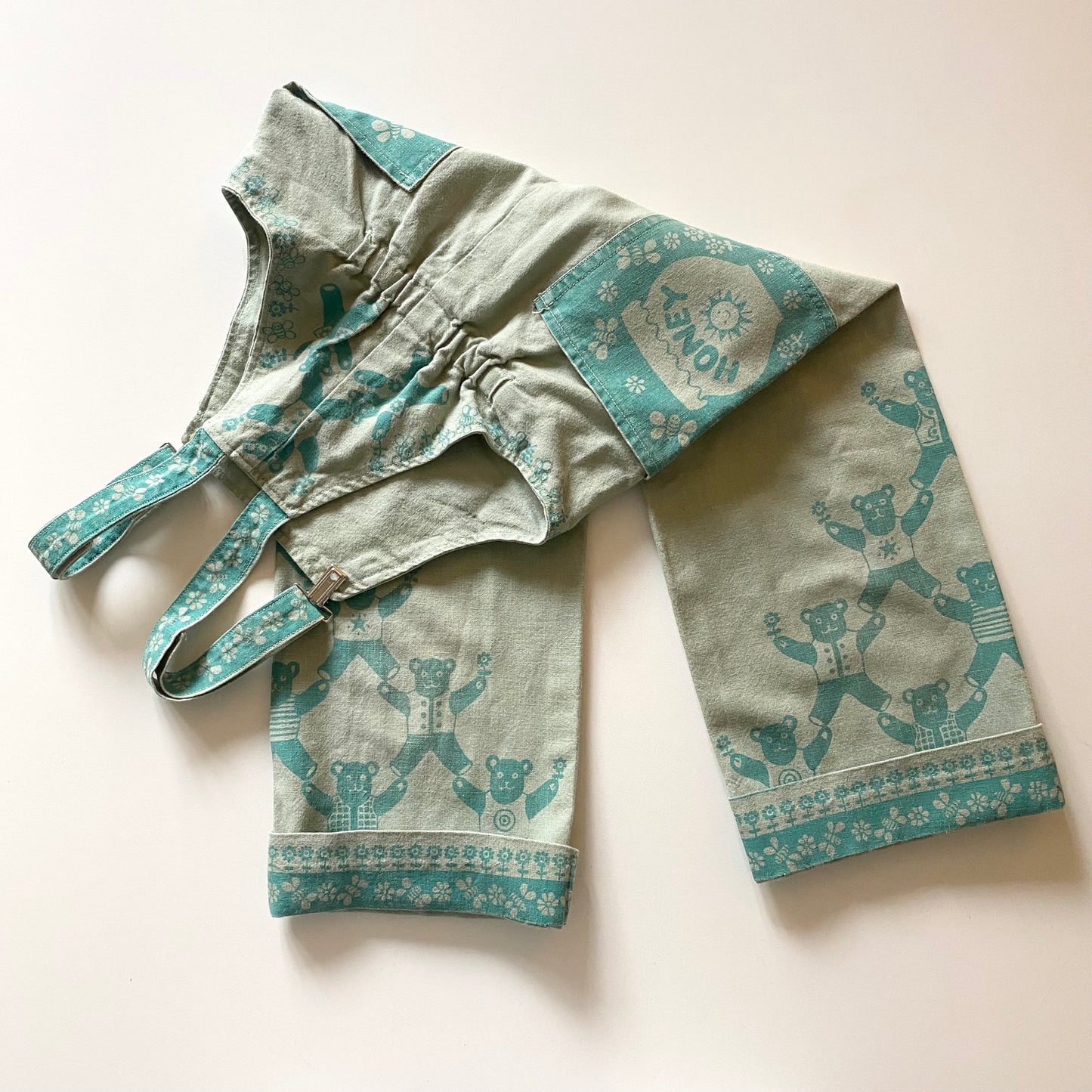 Vintage teddy bear linen/ cotton blend dungarees - approx age 2 years