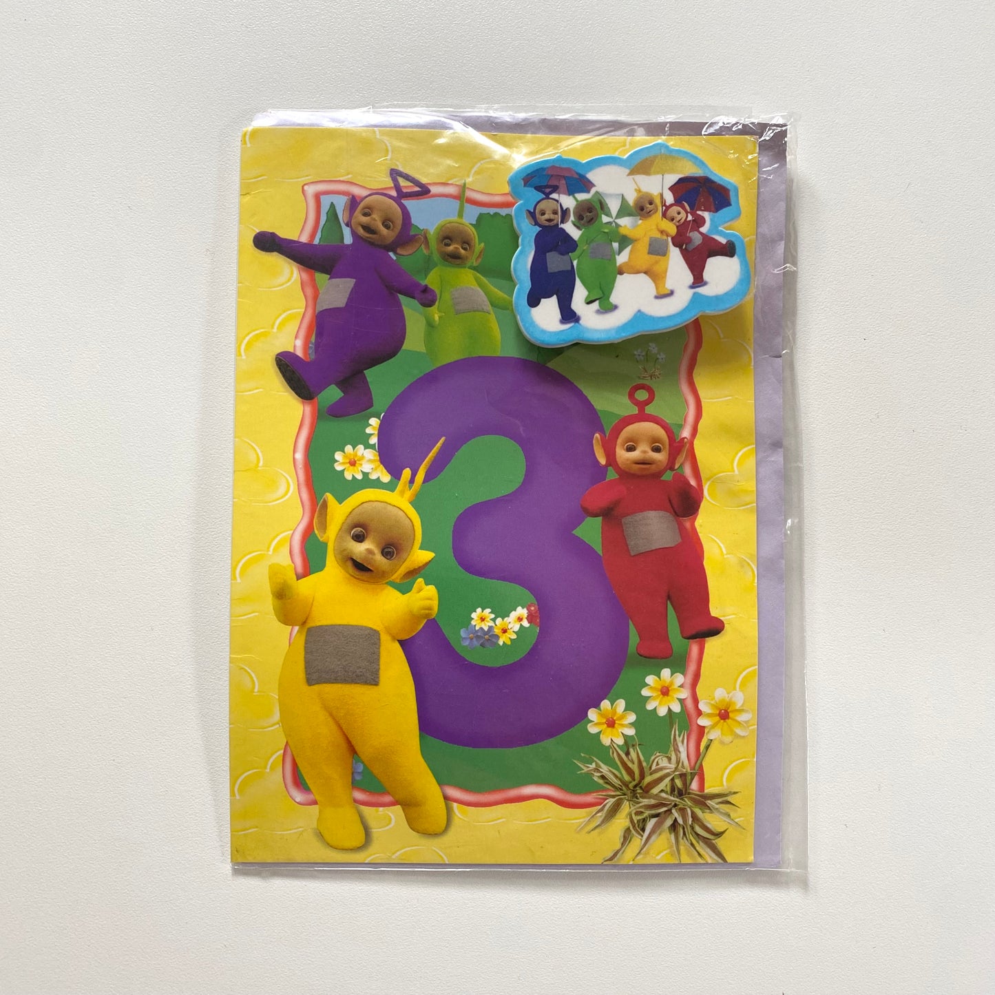 Vintage 1996 teletubbies 3 birthday card with badge