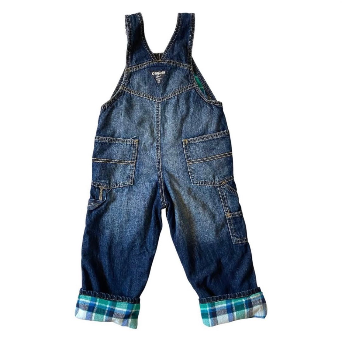 Denim Oshkosh dungarees ~ lined with flannel check! Size 2T
