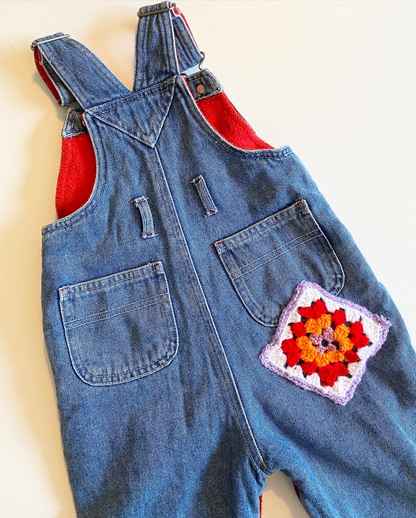 Upcycled crochet dungarees ~ lined with fleece. Age 9-12 months