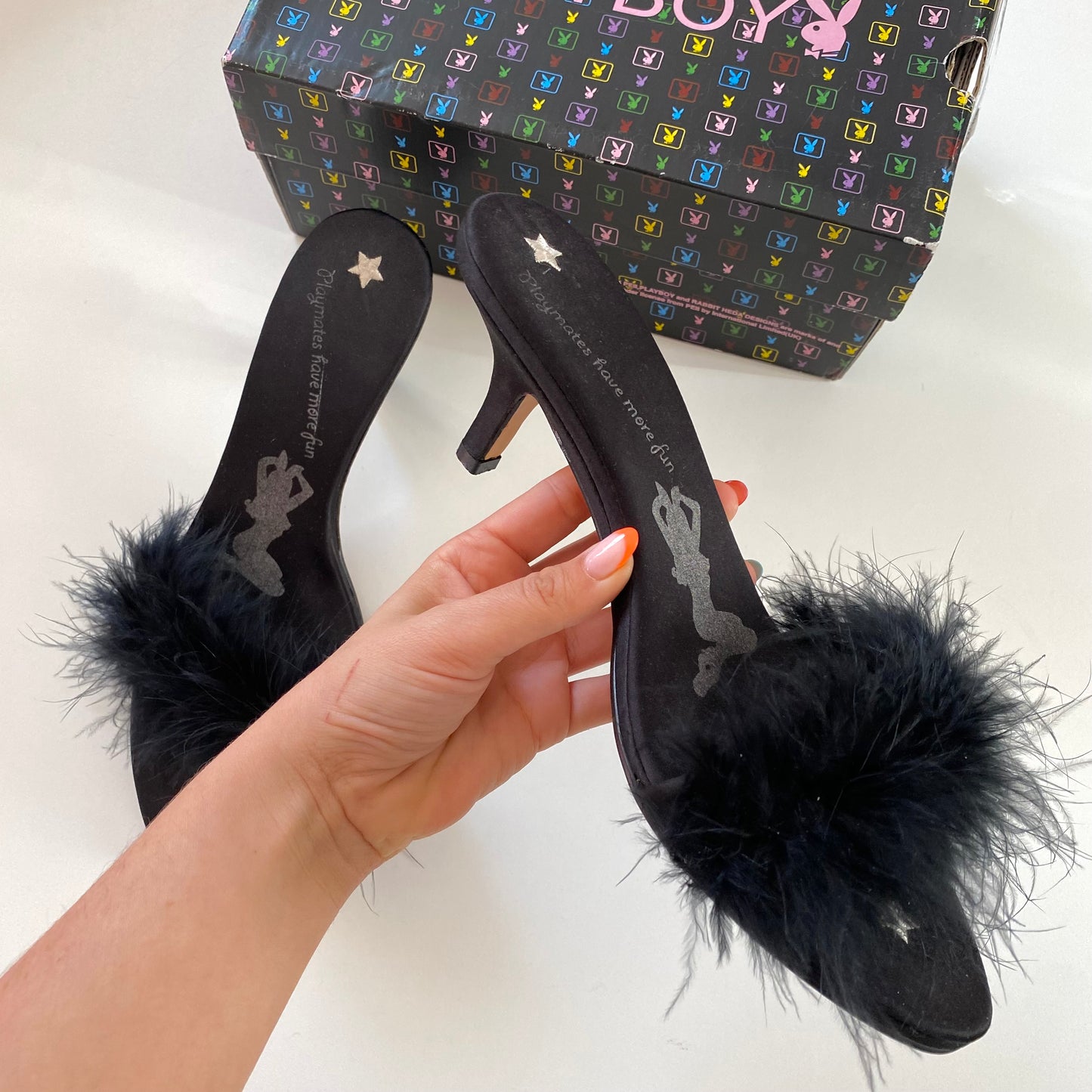 Vintage Y2K playboy black fluffy kitten heels. Size 41 / UK 7.5