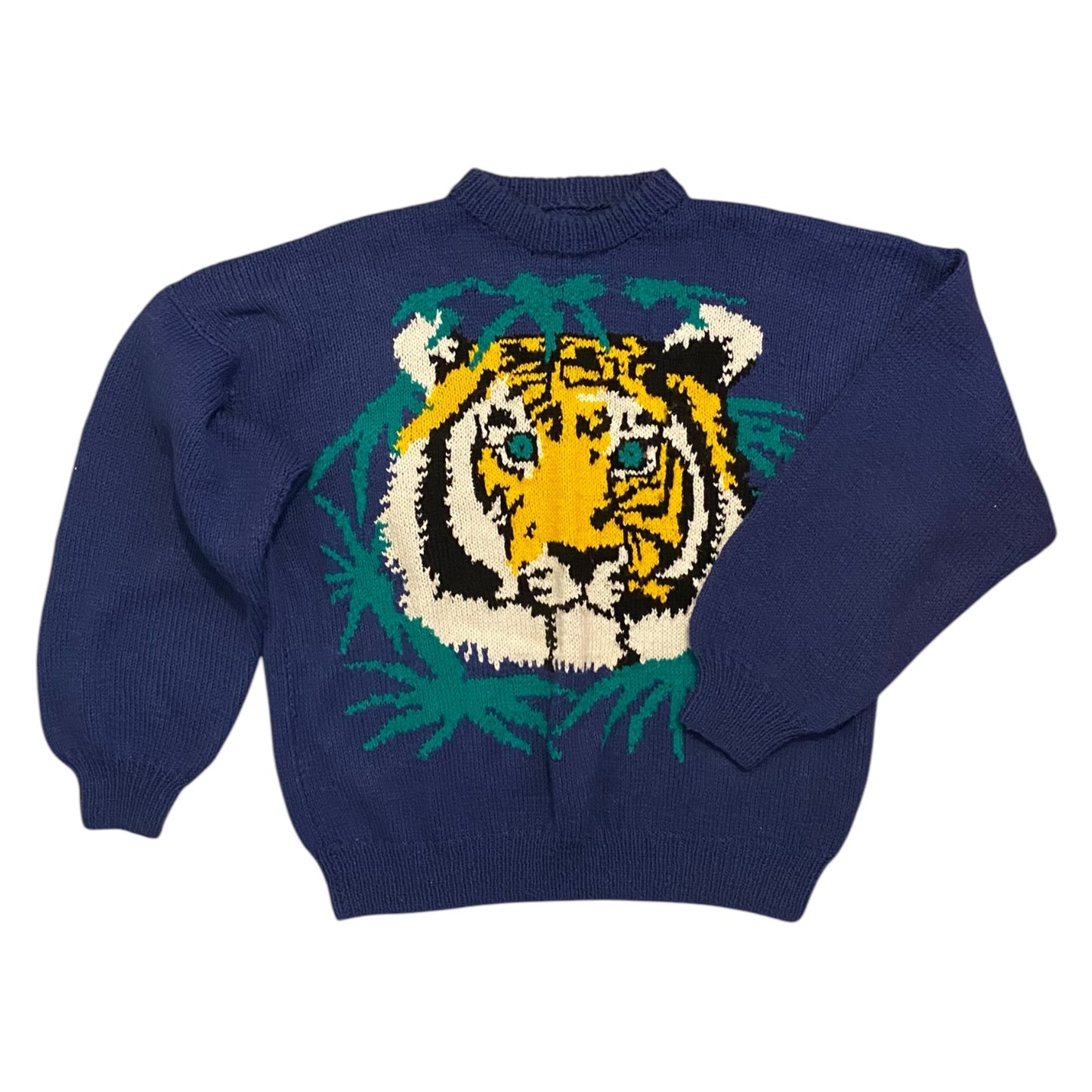 Vintage blue tiger knitted pullover jumper. Size M-L approx