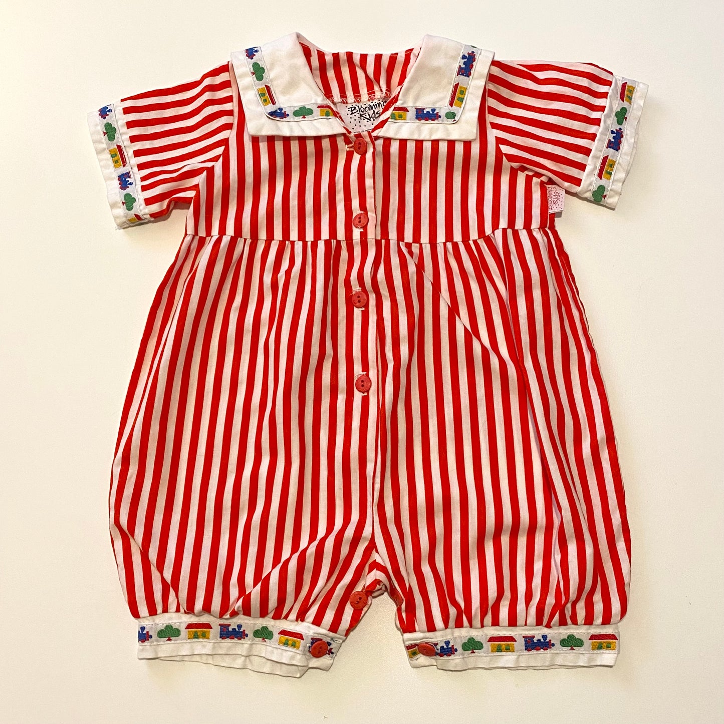 Vintage blooming kids red striped romper. Size 12 months