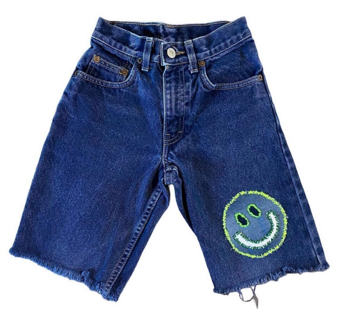 Vintage St Micheal denim shorts with smiley patch. Size 7 years