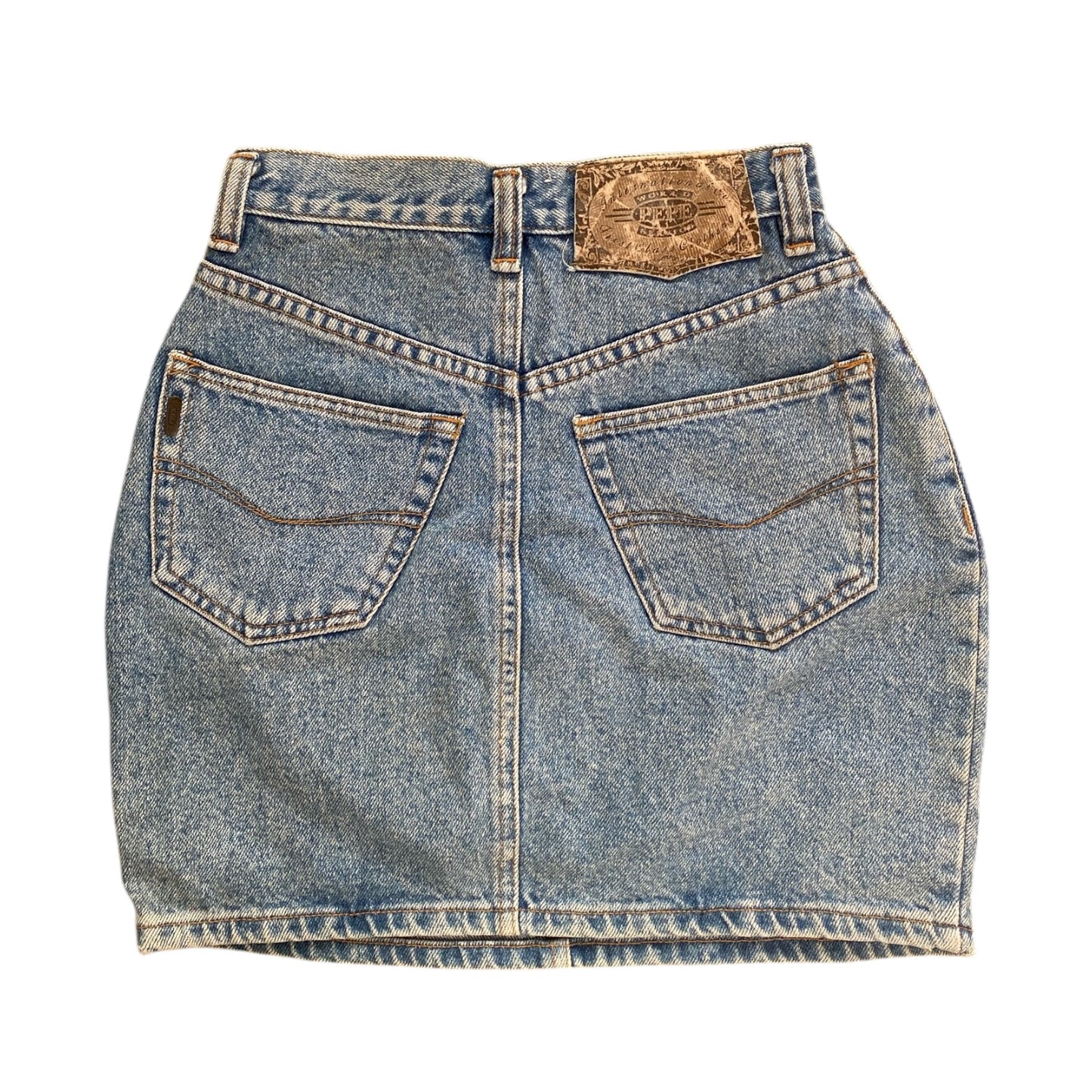 Vintage denim mini skirt with camo patch. Size 6