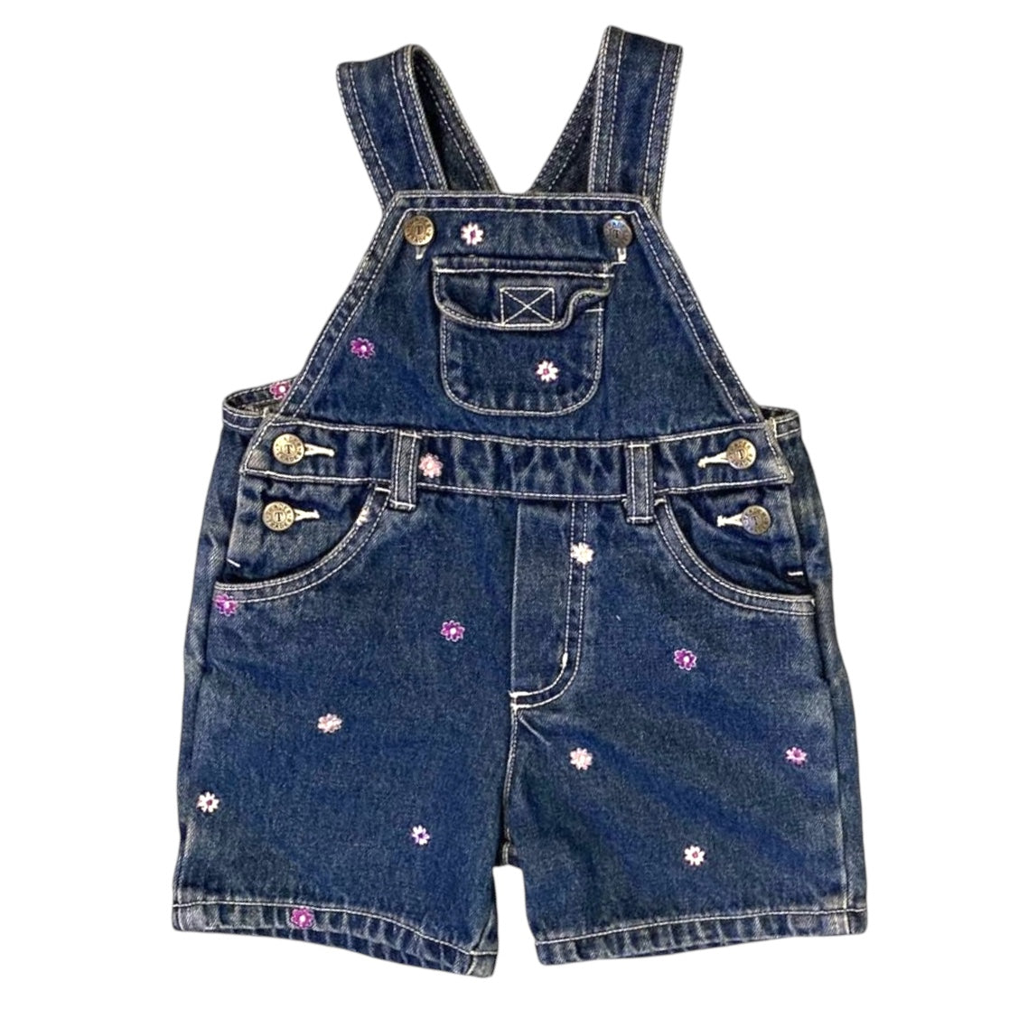 Vintage trader denim shortall dungarees with flower design. 6-12 months