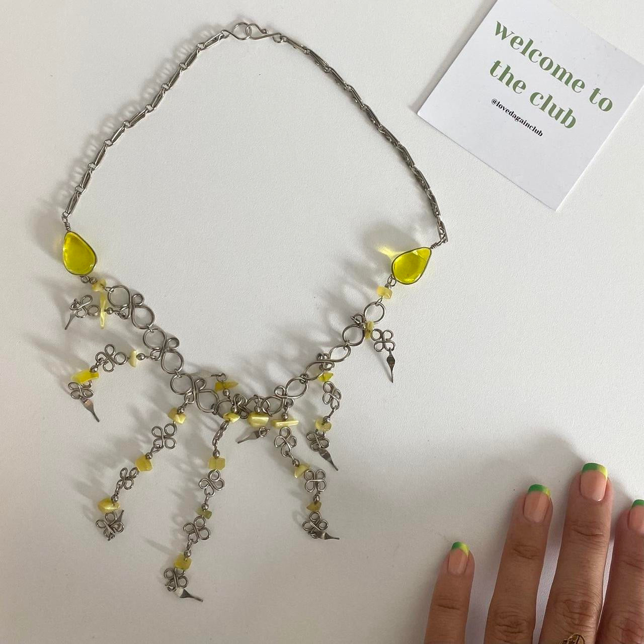 Unique 90s silver chain necklace with statement dangled design and yellow stones. 16.5 inch