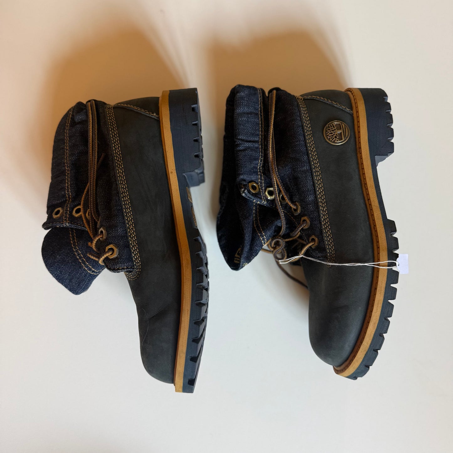Navy blue denim timberland boots. Size 3.5