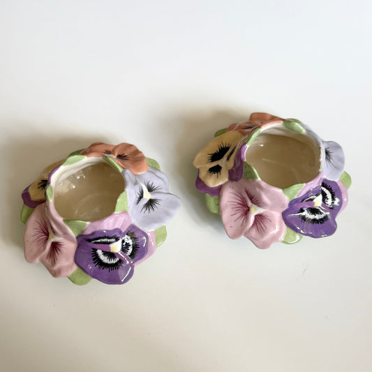 Vintage ceramic homemade pansy pots/ candle holders. One has a small chip as shown.
