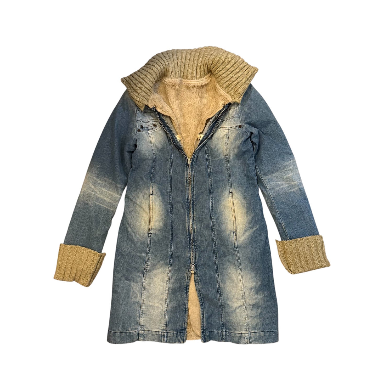 Vintage y2k long lined denim & beige coat. Size approx 10