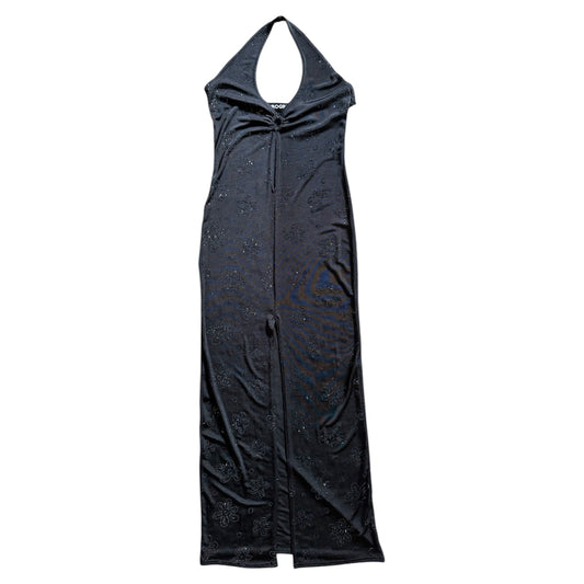 Vintage long lined halter neck dress with split design. Size S (8-10)