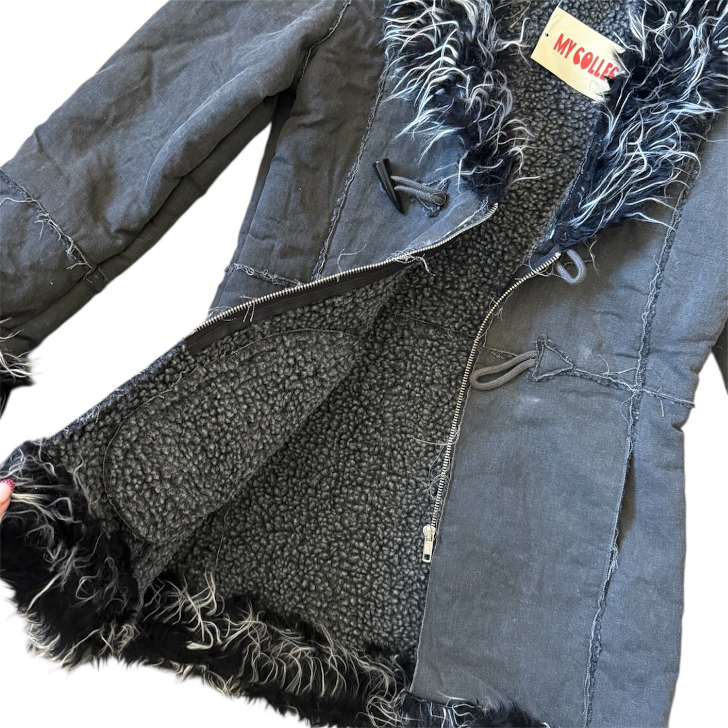 Vintage faux fur shaggy dark grey coat. Size S/8.