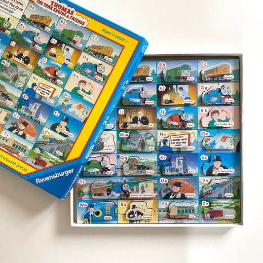 Vintage 1996 wooden Thomas the tank engine alphabet playtray puzzle.