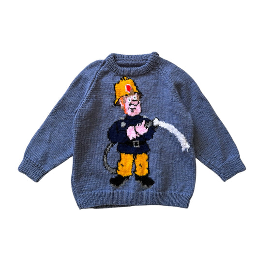Vintage handknit fireman Sam jumper. Size approx 2-3 years