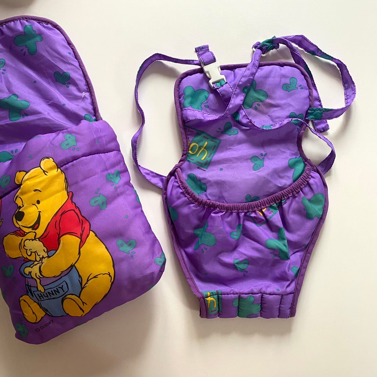 Vintage Winnie the Pooh toy baby carrier & bag for dolls. Has a pram hood inside the bag too.