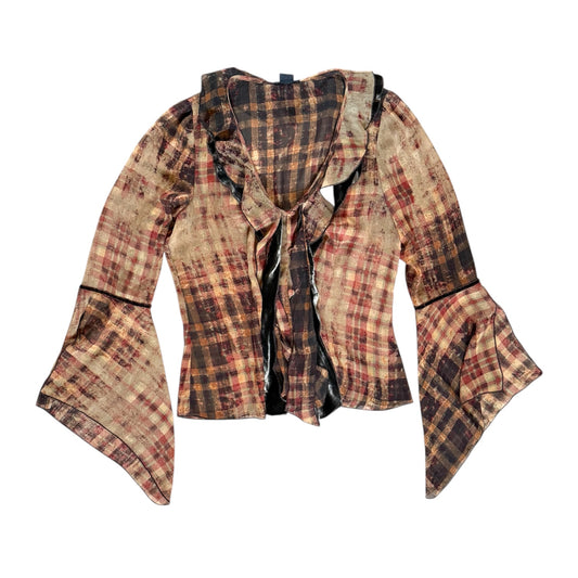 Vintage brown check print sheer & floaty sleeve blouse shirt. Size 12
