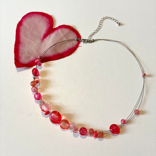 Beaded red / coral pink stone choker necklace