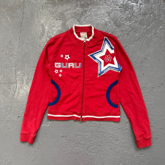 vintage Y2K 2000s Guru red zip-up track jacket. Size 8-10