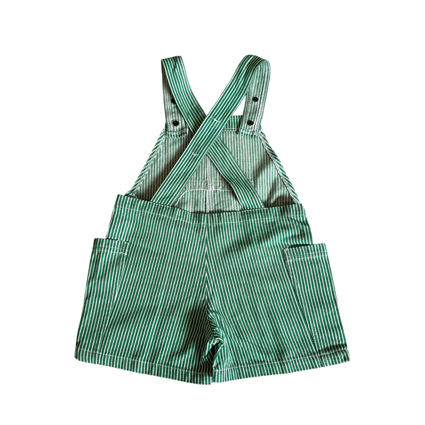 Green denim striped shortalls. Approx 5 years