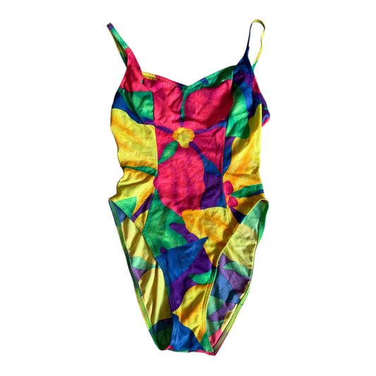 Vintage floral neon bright swimsuit. Size 8.