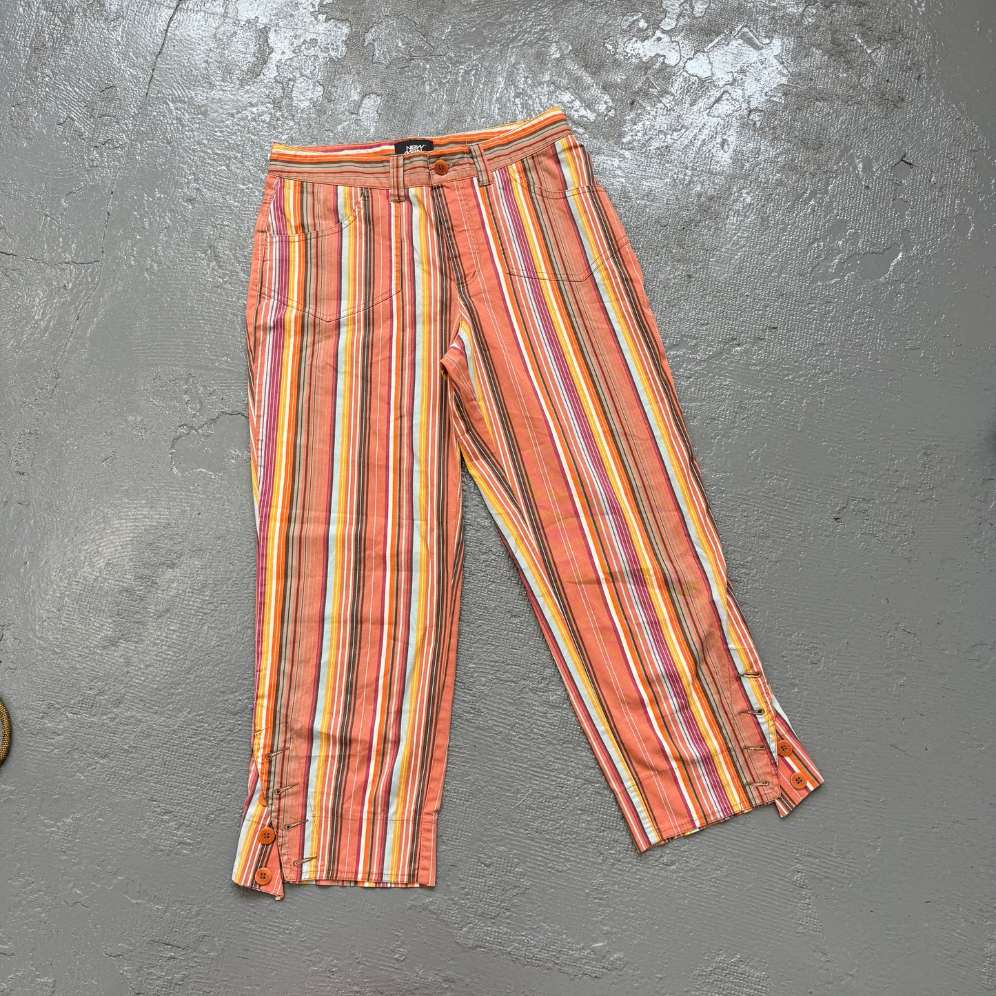 Y2K ‘new man’ Orange striped wide leg striped Capri trousers. Size 10-12