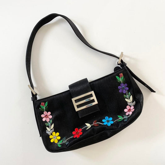 Vintage Y2K black beaded & embroidered flower design shoulder bag