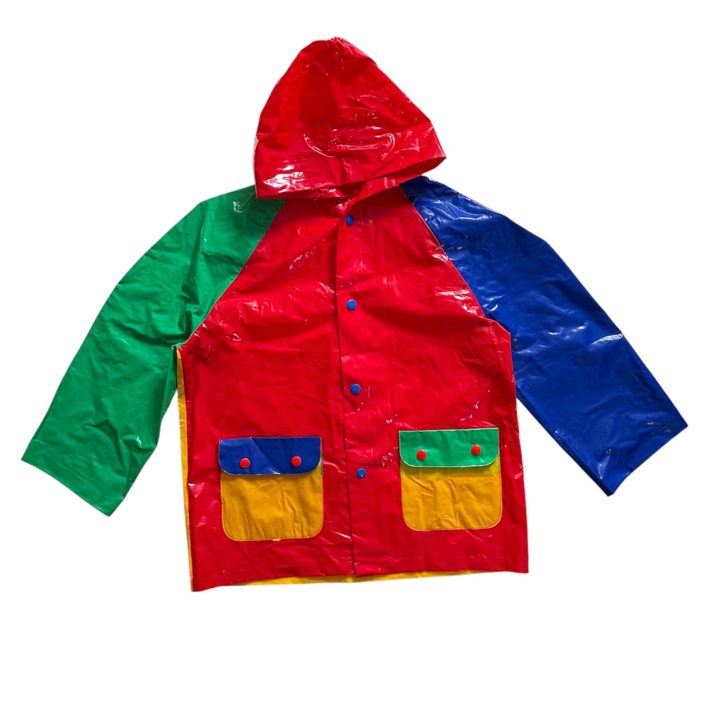 Vintage colourblock raincoat/ waterproof coat. See marks as shown. ( small hole under one armpit not noticeable on) Age 3-4 years