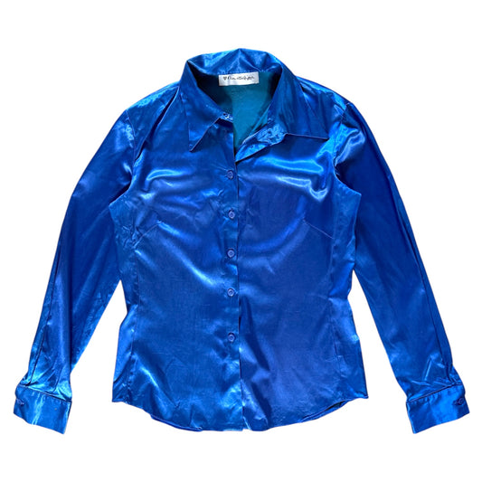 Y2K Miss selfridge royal blue satin long sleeved shirt. Size small imo 8-10