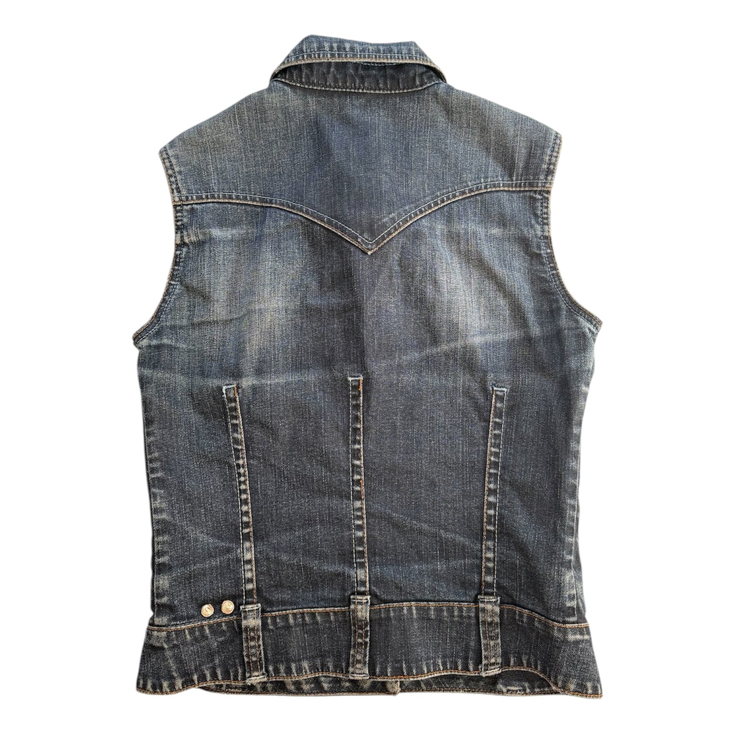 Vintage Dark denim ‘cimmaron’ sleeveless denim jacket. Size 8-10