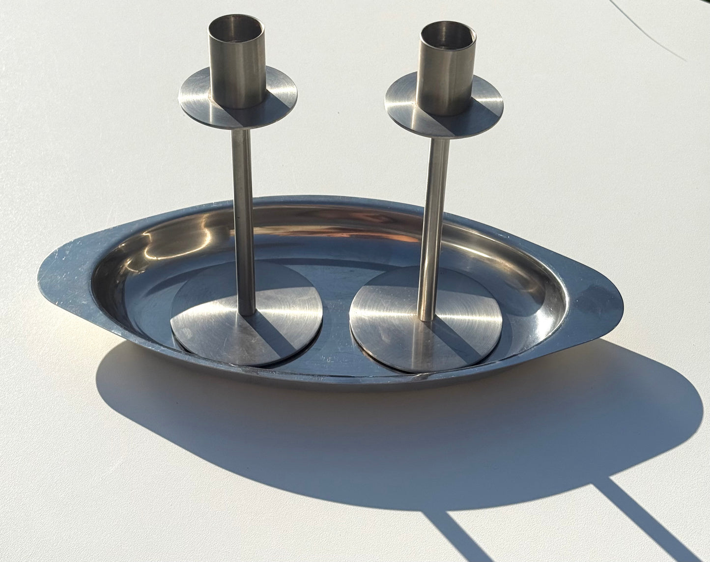 Mid Century silver plated candle holders with separate tray base